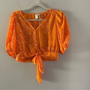 Joie Blouse small Shirt Floral Orange Button Bow Tie Front Crop NWT Cottagecore
